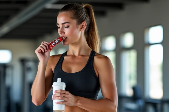 An athlete rehydrating and refueling after an intense workout, with sports drinks and energy bars.